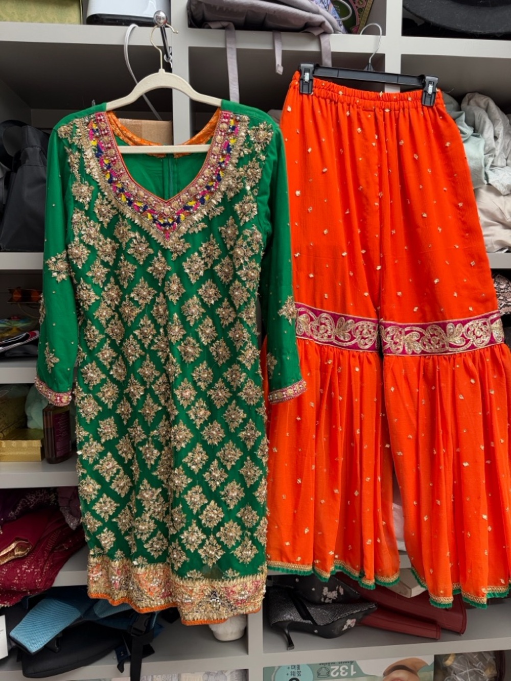 Embroidered Green & Orange Ethnic Dress Set